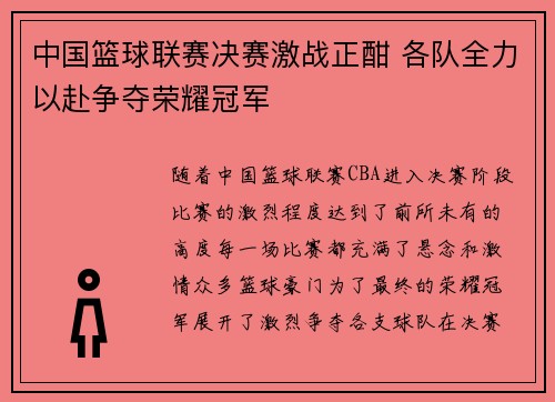 中国篮球联赛决赛激战正酣 各队全力以赴争夺荣耀冠军